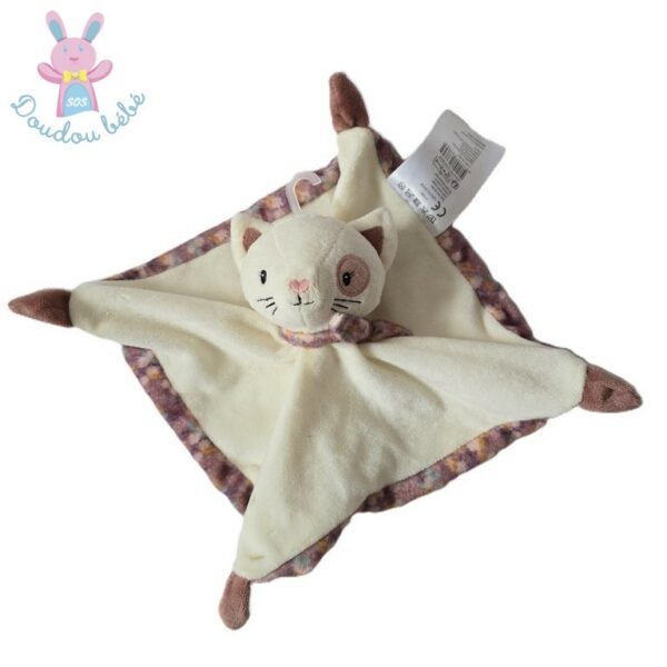 Doudou plat Chat blanc rose mauve fleurs B&M