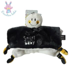 Doudou plat Smiley baby noir blanc jaune étoiles ORCHESTRA