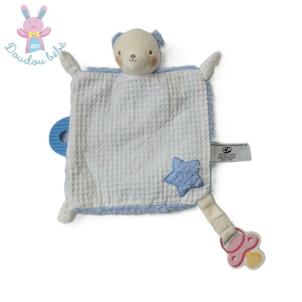 Doudou plat Ours bleu blanc gaufré attache tétine CP INTERNATIONAL