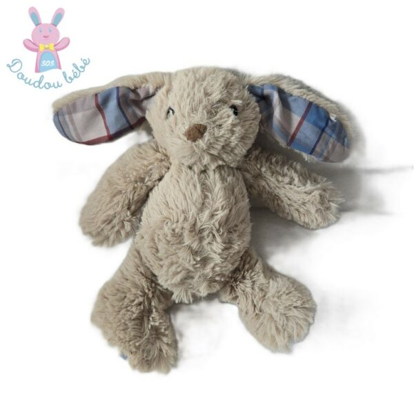 Doudou Lapin beige fourrure et tissu carreaux COTTON BLUE