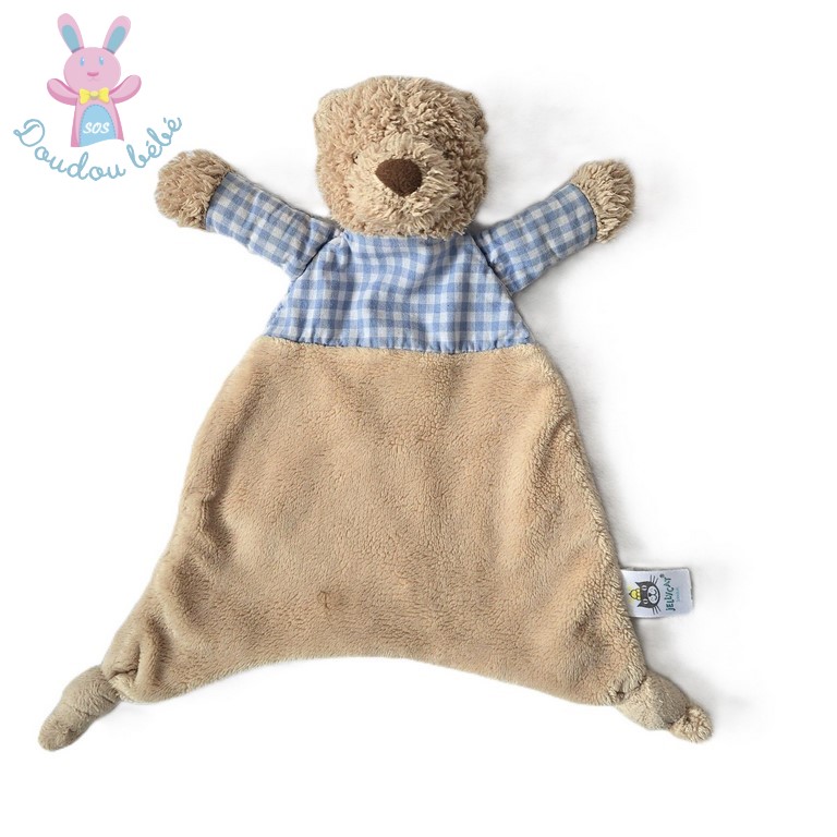 Doudou plat Ours beige carreaux vichy bleu blanc JELLYCAT