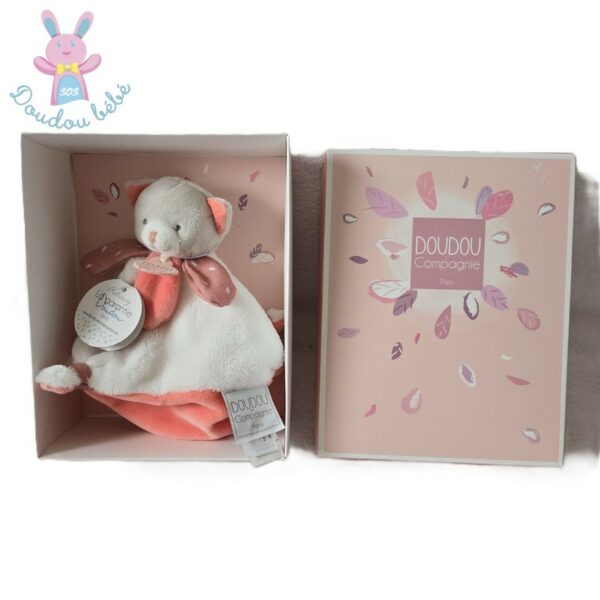 Doudou plat Chat Méli Mélo rose corail blanc DOUDOU ET COMPAGNIE