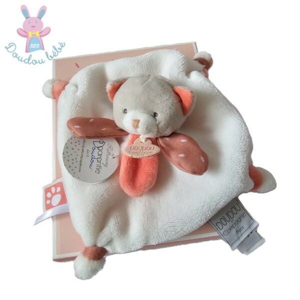 Doudou plat Ours Méli Mélo rose corail blanc DOUDOU ET COMPAGNIE