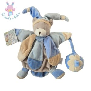 Doudou Ours collector marionnette beige bleu poudré DOUDOU ET COMPAGNIE