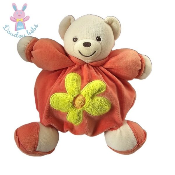 Doudou Ours boule orange écru fleur jaune KALOO