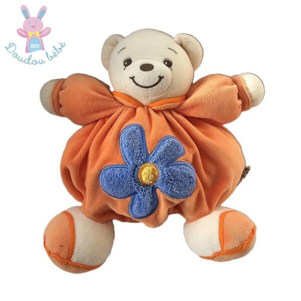 Doudou Ours boule orange écru fleur bleu KALOO