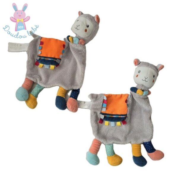 Lot de 2 Doudous plat Lama gris orange bleu et coloré Simba