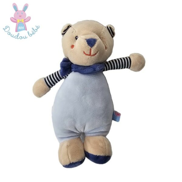 Doudou Ours bleu beige et rayé blanc SUCRE D'ORGE