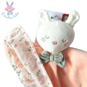 Doudou plat Lapin rose blanc nœud ORCHESTRA