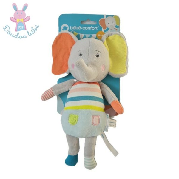 Doudou éléphant gris bleu orange jaune rayé Bébé Confort