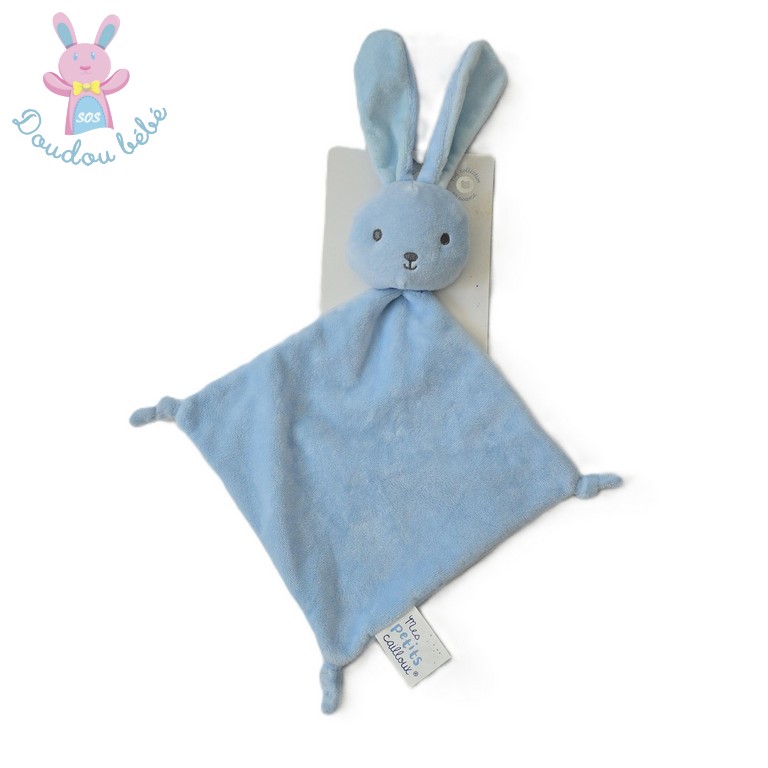 Doudou plat Lapin velours bleu tout doux MES PETITS CAILLOUX