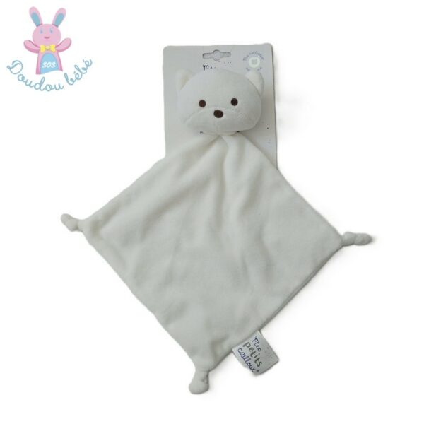 Doudou plat Ours blanc brodé marron MES PETITS CAILLOUX