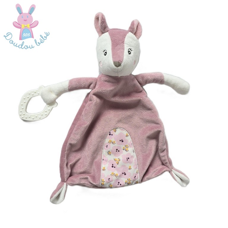 Doudou plat Biche rose blanc fleurs anneau dentition TOPOMINI