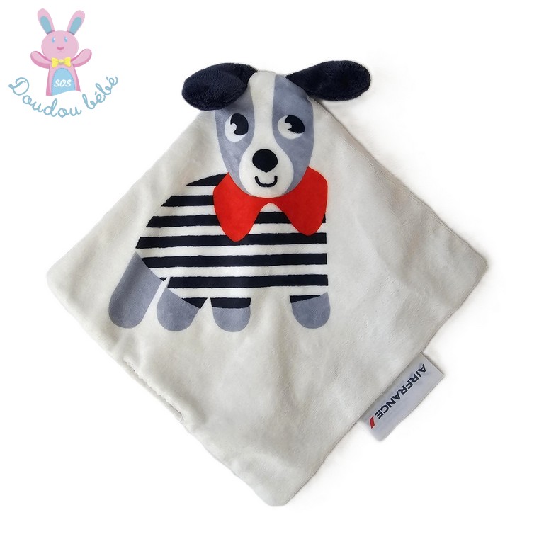 Doudou plat carré Chien blanc bleu marine rouge Air France