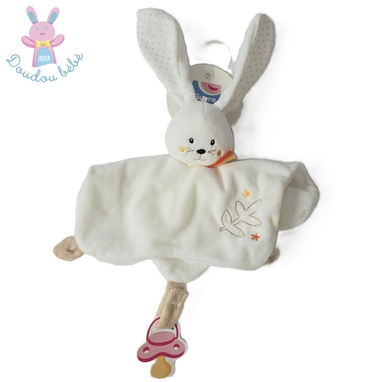 Doudou plat Lapin blanc beige pois étoiles SUCRE D'ORGE