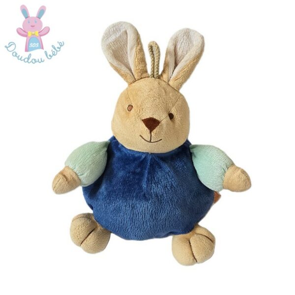 Doudou Lapin boule bleu beige vert 24 cm Vintage TEX BABY